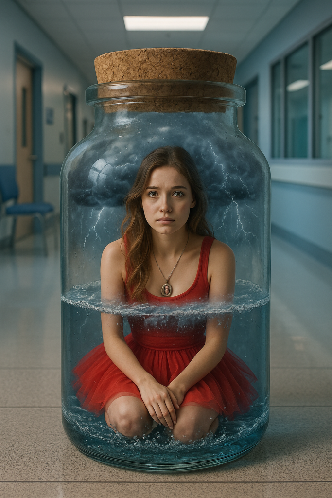 AI generated image of a women in a red dress sitting in a bottle